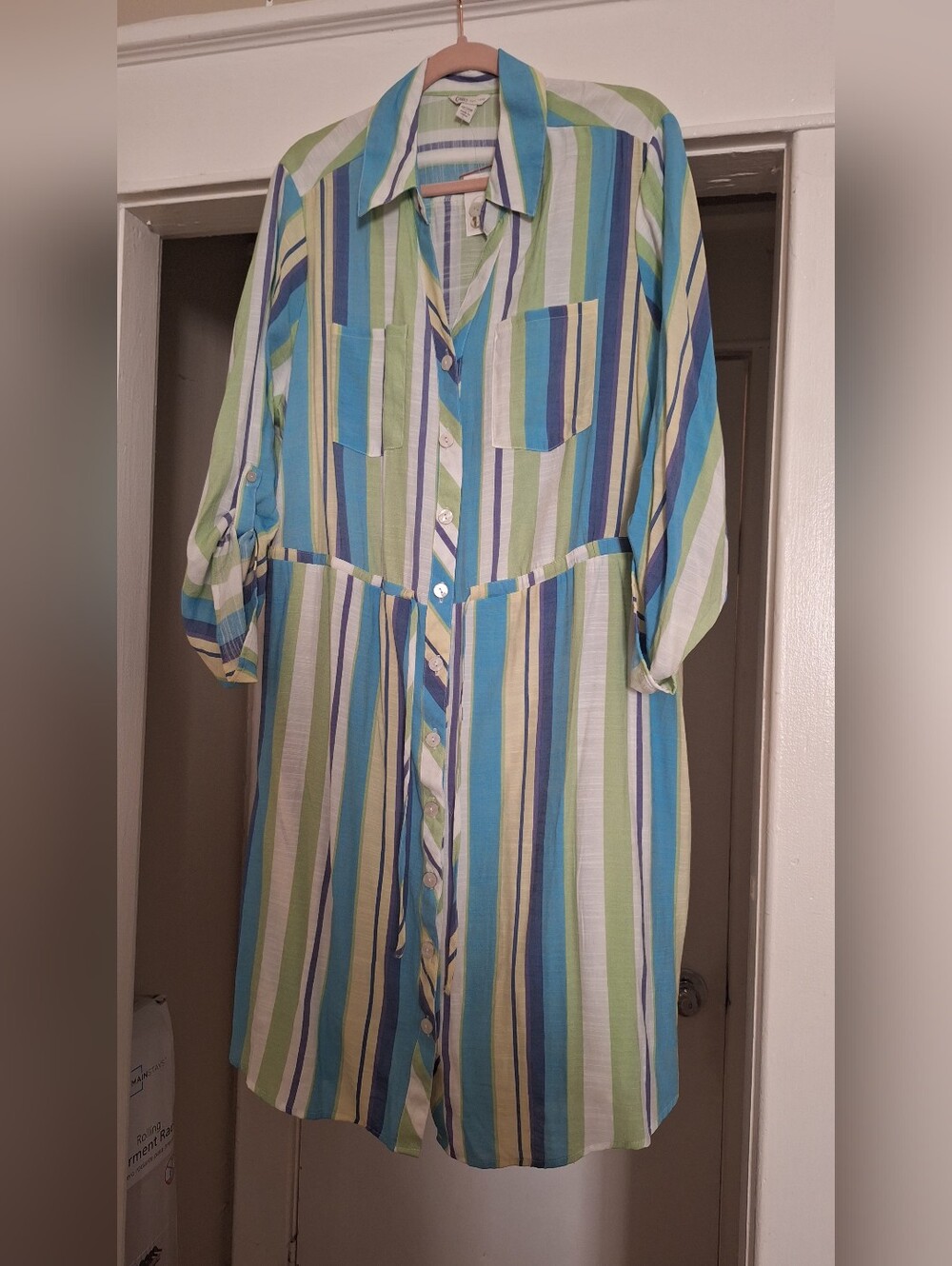 Cato Striped Button-Front Dress in Blue, Green, and White